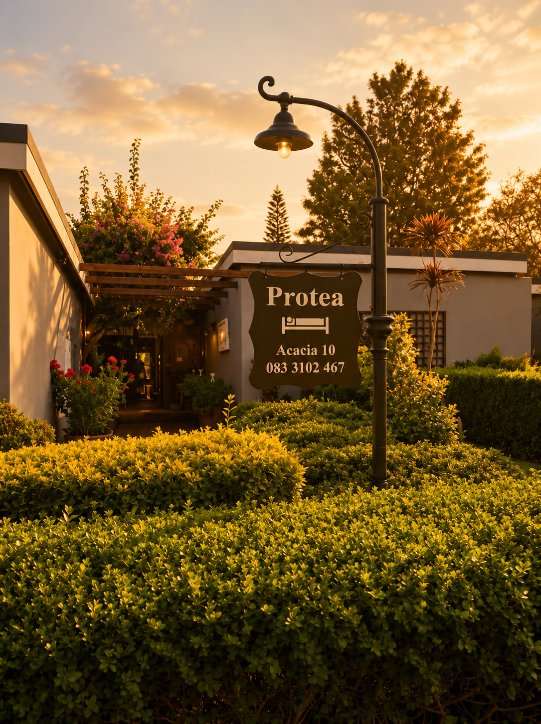 Protea Guesthouse sign on Acacia Avenue surrounded by golden garden hedges